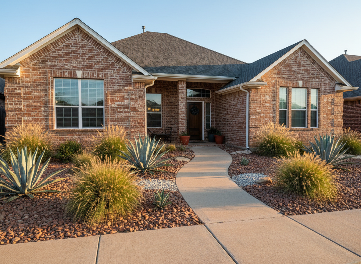 A tidy, well-maintained West Texas front yard showcasing powerful curb appeal: a single-story brick home in earthy red and tan tones, accented by a contrasting dark charcoal roof and a white trim around large front windows. A curved concrete walkway winds through xeriscaped landscaping with crushed stone, native grasses, and a few sculptural agave plants. The sun hangs low, casting warm, late-afternoon light that makes the brick softly glow and creates defined but gentle shadows from the plants. Captured from a slightly low, three-quarter angle near the sidewalk, the composition emphasizes depth and draws the viewer toward the front entry. The photographic style is realistic and crisp, projecting a professional, trustworthy atmosphere ideal for real estate listings focused on first impressions.