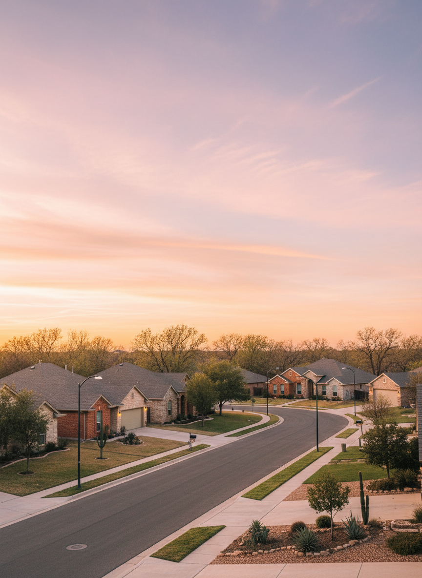 A panoramic view of a quiet West Texas neighborhood street lined with single-story homes, each with a mix of brick and stucco facades in muted desert tones, well-kept lawns, and occasional xeriscaped front yards. The wide asphalt street curves gently, leading the eye toward a soft, expansive sky with a few wispy clouds awash in warm sunset hues. Streetlights stand evenly spaced but unlit, as the natural golden hour light bathes houses and trees in a gentle, cohesive glow. Photographed from a slightly elevated, wide-angle perspective with sharp focus throughout, the composition feels open and welcoming. The photographic realism and clean, balanced composition convey a sense of stability, community, and home, supporting a professional real estate brand centered on helping clients feel at home in West Texas.
