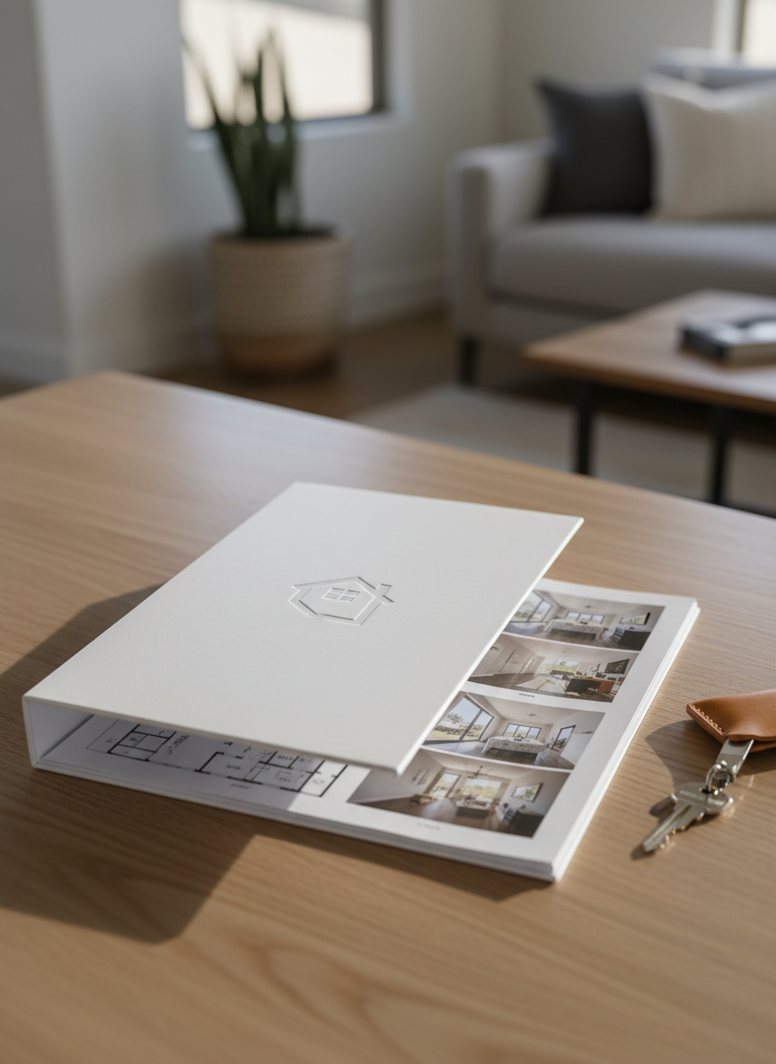 A crisp, close-up shot of a detailed property listing folder resting on a clean, light wood table in a West Texas home. The folder is a sturdy, matte white with a subtle embossed house icon and neatly tucked corners, slightly open to reveal printed floor plans and high-quality property photos inside. Next to it lies a silver metal key on a small leather key fob, catching a glint of soft afternoon window light. The background shows a blurred hint of a neutral-toned living room. Captured from a slightly elevated, close perspective with shallow depth of field, the focus is razor-sharp on the folder and key. The photographic realism and minimalist composition evoke professionalism, reliability, and the excitement of a new home, ideal for a real estate brand image.