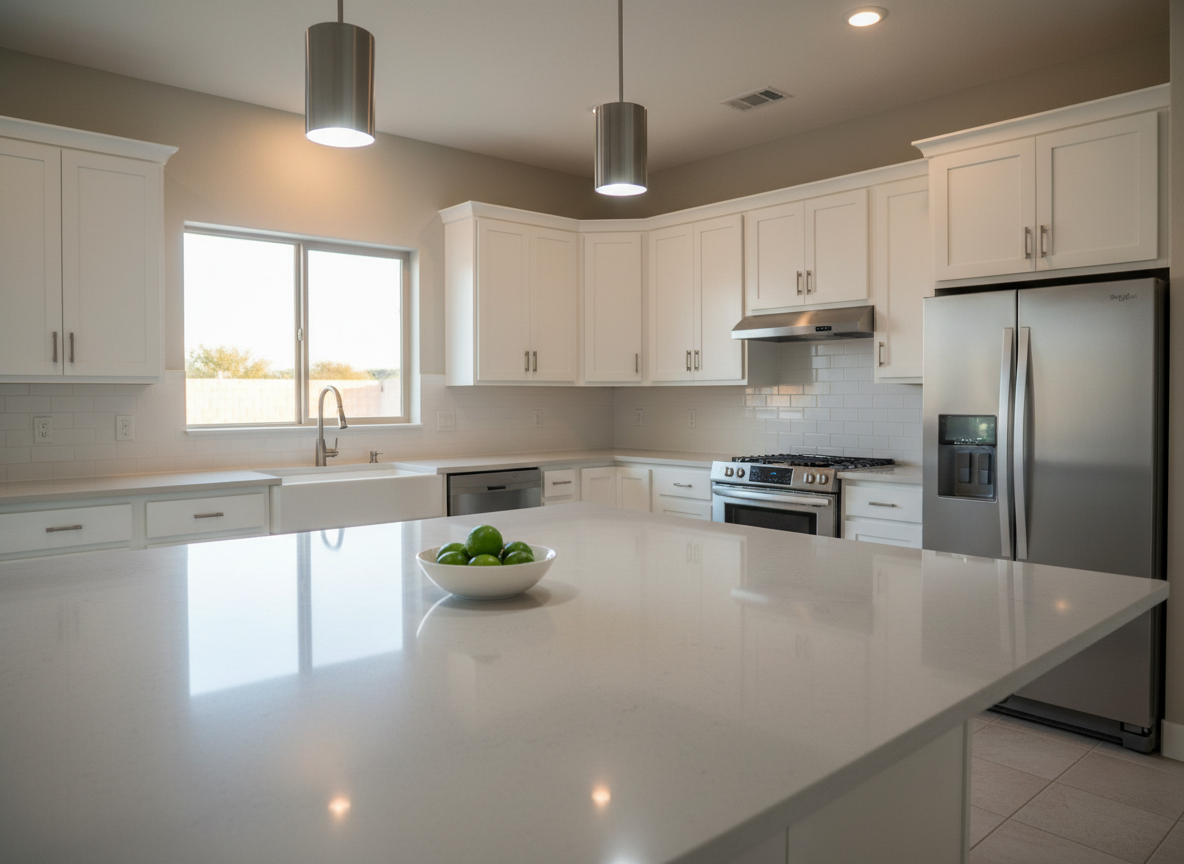 An inviting West Texas kitchen with white shaker cabinets, brushed nickel hardware, and a polished light gray quartz island countertop that reflects soft pendant lighting from above. Stainless steel appliances line the back wall, and a small bowl of bright green limes sits on the island, adding a subtle pop of color. Through a nearby window, warm evening light filters in, softly illuminating the backsplash’s subway tile and creating gentle gleams on the metal surfaces. Photographed at counter height with a slightly angled composition that leads the eye from the foreground island to the far cabinetry, the mood is clean, modern, and move-in ready. The photographic realism emphasizes crisp details and balanced exposure, ideal for showcasing upgraded finishes on a professional real estate site.