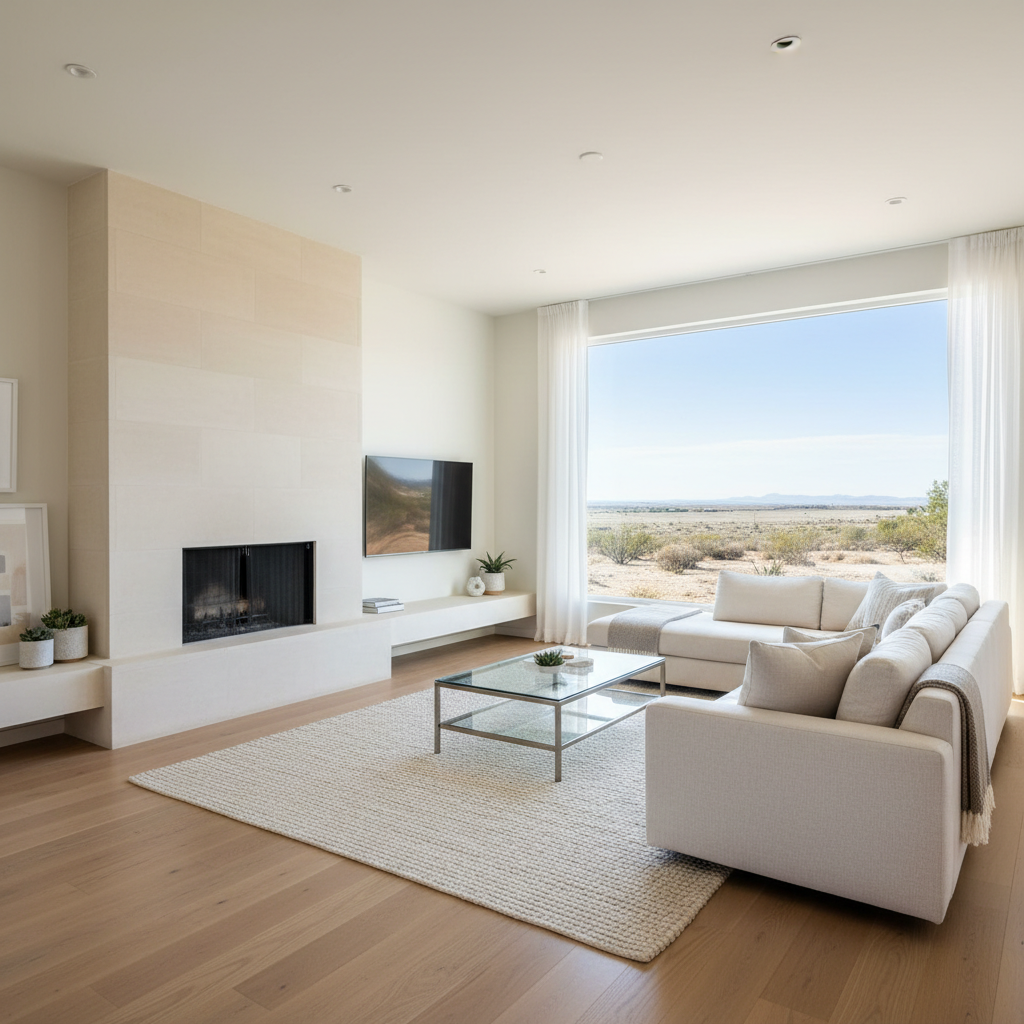 A bright, meticulously staged living room in a modern West Texas home, featuring a light sandstone fireplace surround, pale oak flooring, and a large picture window revealing a subtle glimpse of a flat, sunlit landscape. A plush, neutral-toned sectional sofa faces a sleek, wall-mounted television, while a simple glass coffee table rests on a textured woven rug. Soft afternoon natural light fills the room, creating delicate highlights on the glass and gentle shadows under the furniture. Shot from a slightly elevated corner angle with a wide lens to showcase spaciousness, the composition uses the rule of thirds and a shallow background blur for a clean, contemporary, photographic realism perfect for professional real estate marketing.