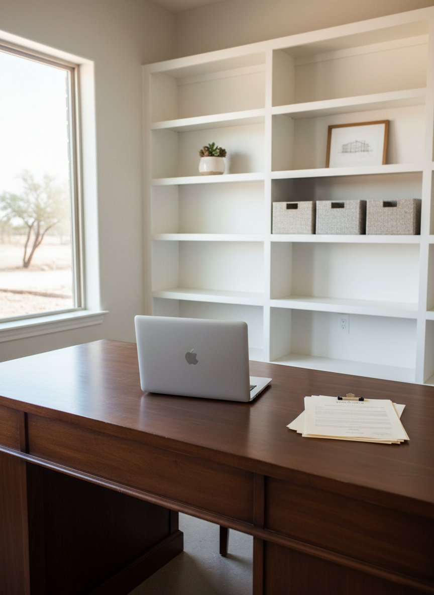 A polished home office space in a West Texas house, featuring a sturdy dark wood desk with a smooth matte surface, a closed laptop centered on top, and a small, tidy stack of real estate documents beside it. Behind the desk, built-in white shelving holds a few neatly arranged decorative objects and storage boxes, while a mid-sized window lets in gentle, diffused midday light. The light creates soft highlights along the desk edge and subtle shadows under the shelves, giving a calm, focused atmosphere. Photographed at seated eye level with a slightly off-center composition, the foreground desk edge leads the viewer into the room. The photographic realism and clean, uncluttered styling convey professionalism, organization, and trustworthiness, perfectly aligned with a dedicated real estate agent’s workspace.