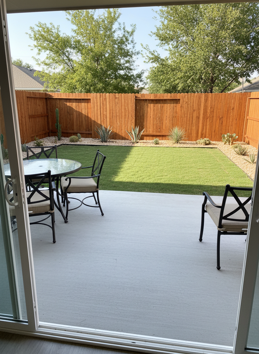 A sunlit West Texas backyard featuring a freshly stained wooden privacy fence enclosing a lush green lawn bordered by low-maintenance gravel beds and desert-friendly plants. A smooth concrete patio hosts a simple, unoccupied outdoor dining table and chairs with neutral cushions, positioned near a sliding glass door leading into the home. Late-morning natural light casts soft, minimal shadows, highlighting the uniformity of the grass and the warm tone of the fence boards. Captured from just inside the back door at a slightly elevated angle, the camera frames the yard to show depth from foreground patio to distant fence corners. The photographic realism emphasizes clarity and accurate color, creating a peaceful, move-in-ready atmosphere tailored for showcasing outdoor living space in professional real estate marketing.
